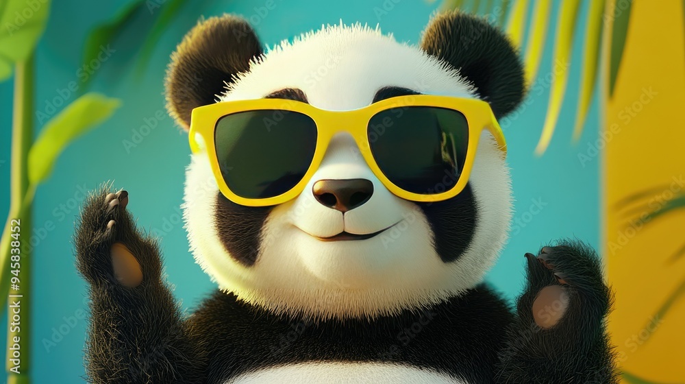 Cool panda in trendy yellow sunglasses, casually waving in a vibrant setting, full of charm and personality. Cool panda in trendy yellow sunglasses, casually waving in a vibrant setting, full of charm and personality.