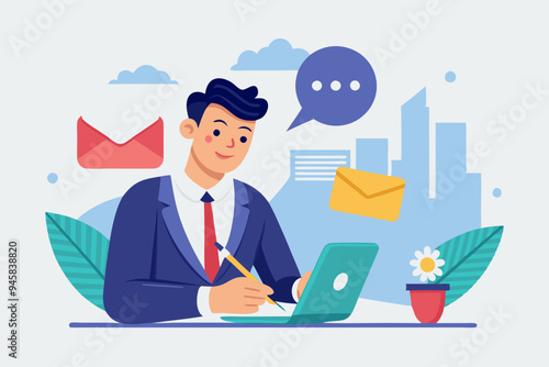 Written communication, writing email skill to success, communicate with text or message, understanding or effective handwriting manuscript concept, businessman writing message on speech bubble.
