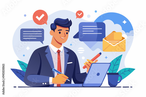 Written communication, writing email skill to success, communicate with text or message, understanding or effective handwriting manuscript concept, businessman writing message on speech bubble.
