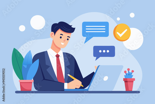 Written communication, writing email skill to success, communicate with text or message, understanding or effective handwriting manuscript concept, businessman writing message on speech bubble.
