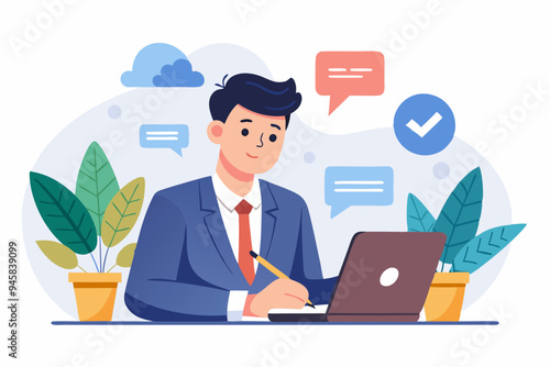 Written communication, writing email skill to success, communicate with text or message, understanding or effective handwriting manuscript concept, businessman writing message on speech bubble.
