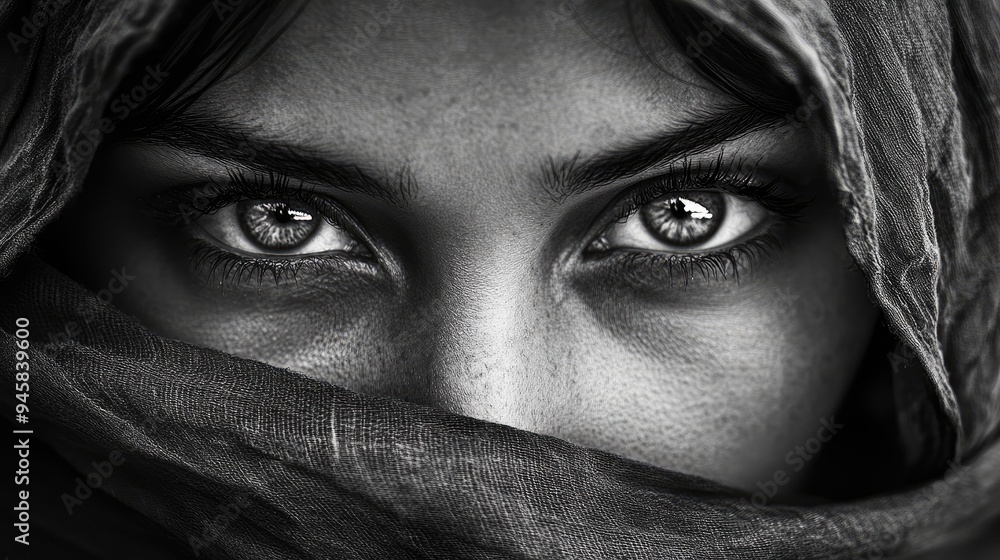 Close-up Black and White Portrait of a Woman's Eyes with a Scarf Covering Her Face Close-up Black and White Portrait of a Woman's Eyes with a Scarf Covering Her Face