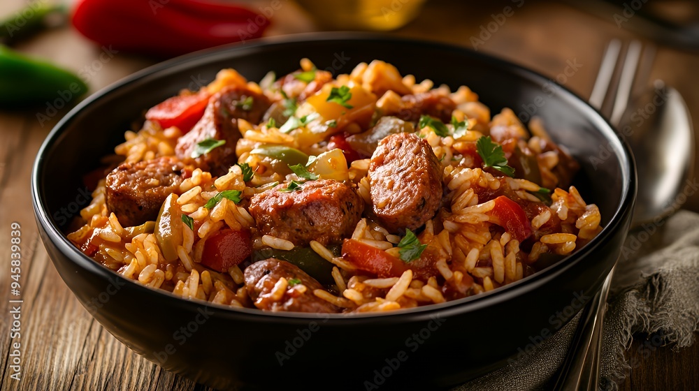A bowl of flavorful rice mixed with vegetables and meat, garnished with herbs. A bowl of flavorful rice mixed with vegetables and meat, garnished with herbs.