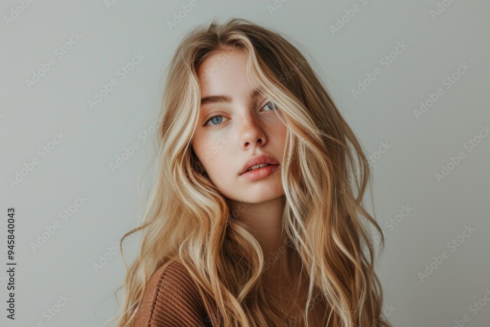 European young woman with light blonde long wolf cut hair portrait photography fashion. European young woman with light blonde long wolf cut hair portrait photography fashion.