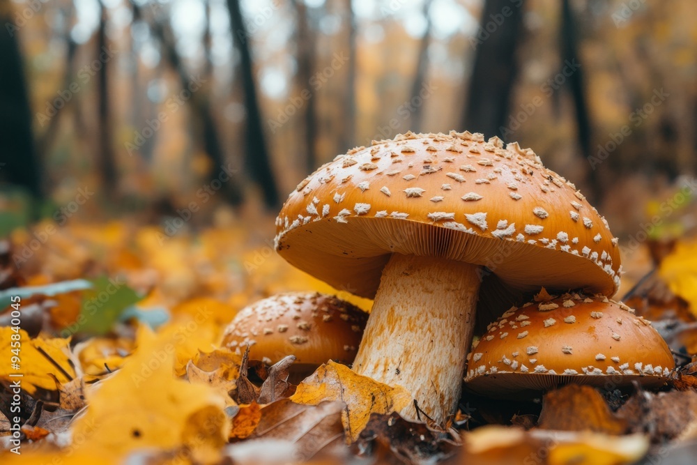 Autumn scene with mushrooms in forest Autumn scene with mushrooms in forest