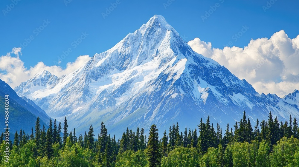 A majestic snow-covered mountain peak under a clear blue sky, with a serene forest in the foreground. A majestic snow-covered mountain peak under a clear blue sky, with a serene forest in the foreground.