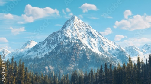 A majestic snow-covered mountain peak under a clear blue sky, with a serene forest in the foreground.