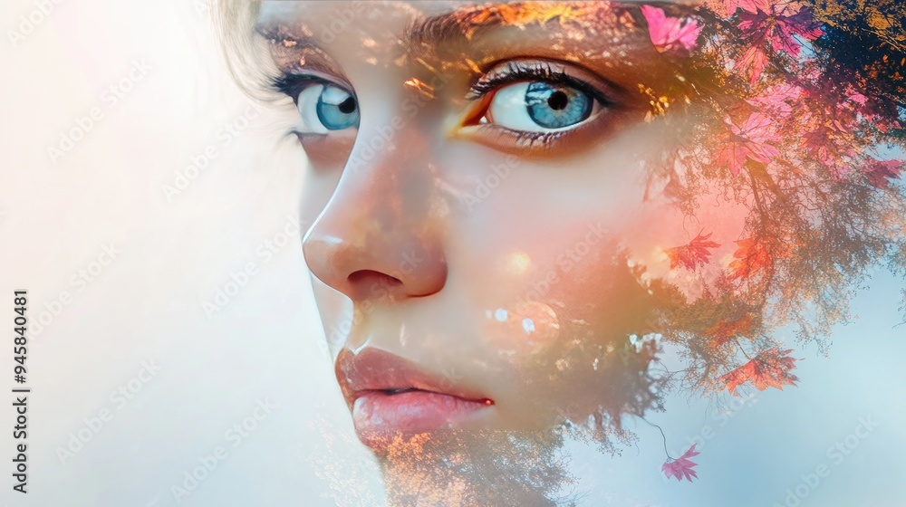 A Woman's Face Overlaid with Autumn Foliage A Woman's Face Overlaid with Autumn Foliage