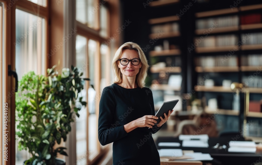 A woman in a black shirt stands in front of a bookshelf with a tablet in her han A woman in a black shirt stands in front of a bookshelf with a tablet in her han
