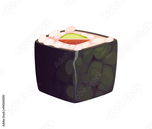 Cartoon Japanese maki sushi roll wrapped in nori seaweed filled with rice, avocado, salmon or tuna. Isolated vector traditional japan dish showcase neatly arranged ingredients highlight its freshness