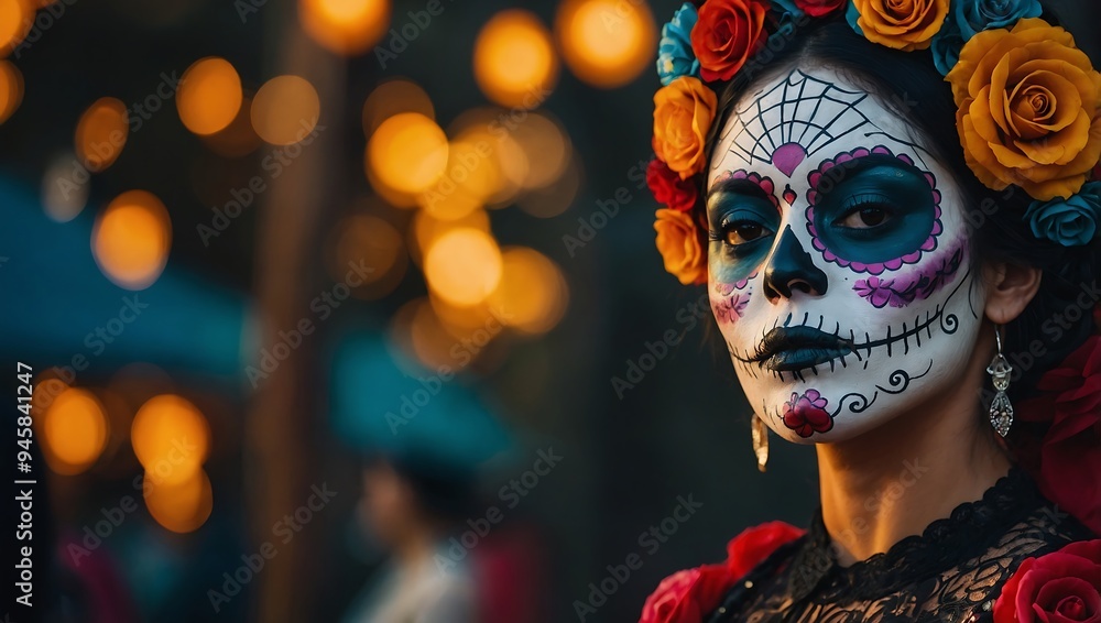 Dia de los Muertos celebration with a sugar skull and a Mexican woman in makeup Dia de los Muertos celebration with a sugar skull and a Mexican woman in makeup
