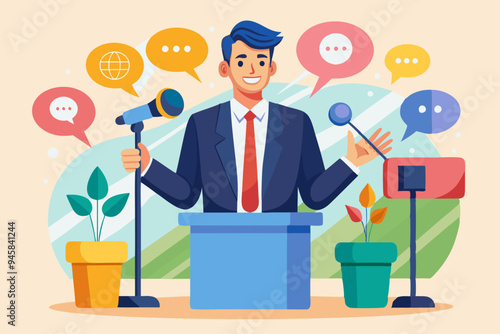 Verbal or oral communication skill, storytelling or explanation, public speaking, talking or discussion, telling message or speech concept, confidence businessman talking with multiple speech bubbles.