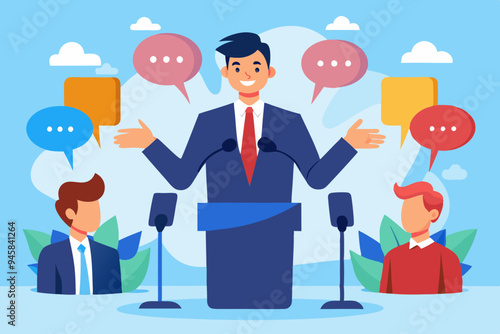 Verbal or oral communication skill, storytelling or explanation, public speaking, talking or discussion, telling message or speech concept, confidence businessman talking with multiple speech bubbles.