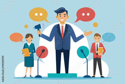 Verbal or oral communication skill, storytelling or explanation, public speaking, talking or discussion, telling message or speech concept, confidence businessman talking with multiple speech bubbles.