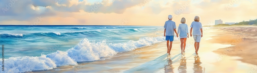 Fototapeta premium Serenity Stroll: Watercolor Seniors Reflecting by Gentle Beach Waves