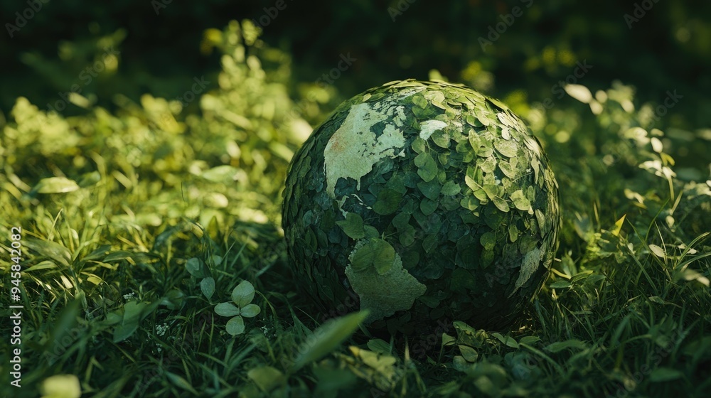Earth globe made of foliage, blending with fresh green grass, symbolizing nature and sustainability. Earth globe made of foliage, blending with fresh green grass, symbolizing nature and sustainability.