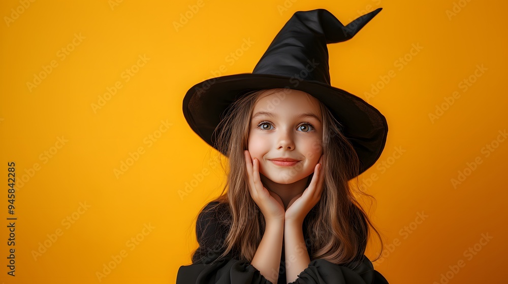 Smiling Young Girl in Witch Costume on Yellow Background
Smiling Young Girl in Witch Costume on Yellow Background