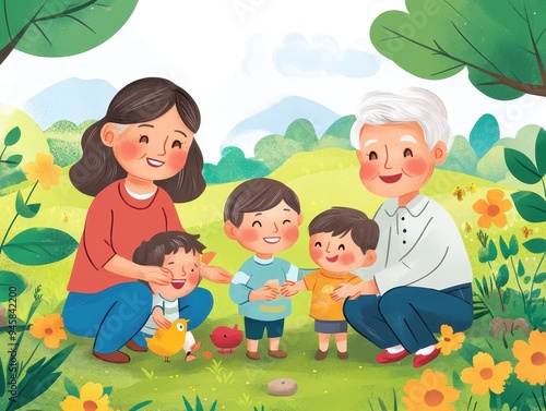 Blissful Family Bonding: Senior Couple Embracing Grandchildren in a Sunny Park - Concept of Love, Togetherness, and Happiness