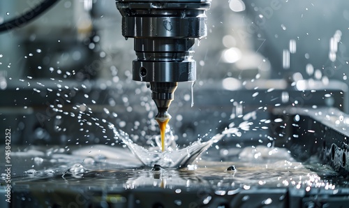 CNC machining centre drilling steel and using metal working fluid as coolant. 