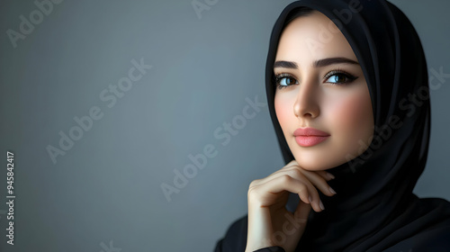 A Woman in a Black Headscarf Gazes Pensively with Striking Eyes, Captivating with Her Beauty and Elegance.