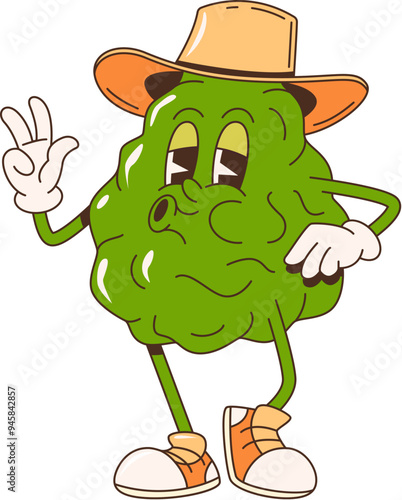 Retro cartoon groovy bergamot fruit character with a relaxed expression, wearing a hat and sneakers, and making a peace sign. Isolated vector kaffir green tropical fruit exudes fun and nostalgic vibe