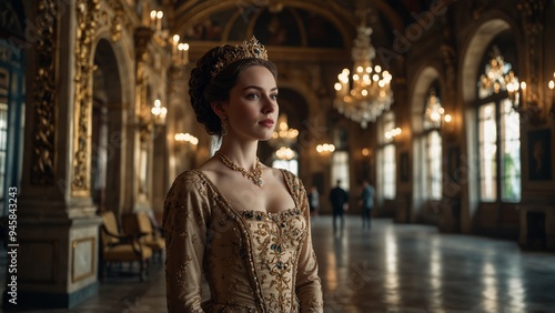 A noblewoman in an elegant gown standing in a lavish palace hall.