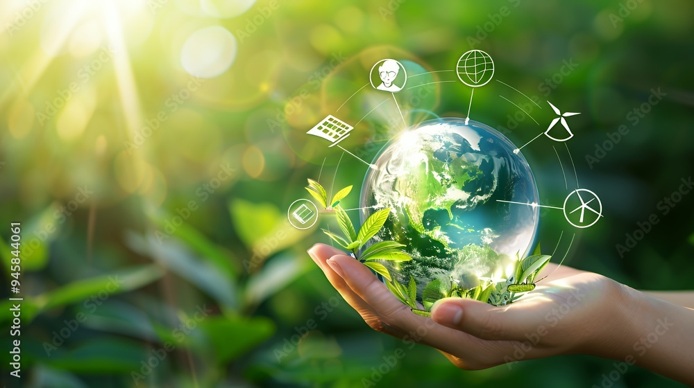 A hand holding a glowing Earth surrounded by green plants and sustainability icons. A hand holding a glowing Earth surrounded by green plants and sustainability icons.