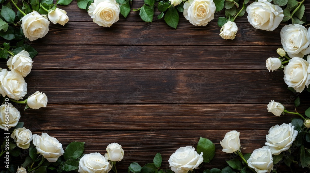 Elegant white roses forming a border on a dark wooden background, with ample space for personalized text. Elegant white roses forming a border on a dark wooden background, with ample space for personalized text.