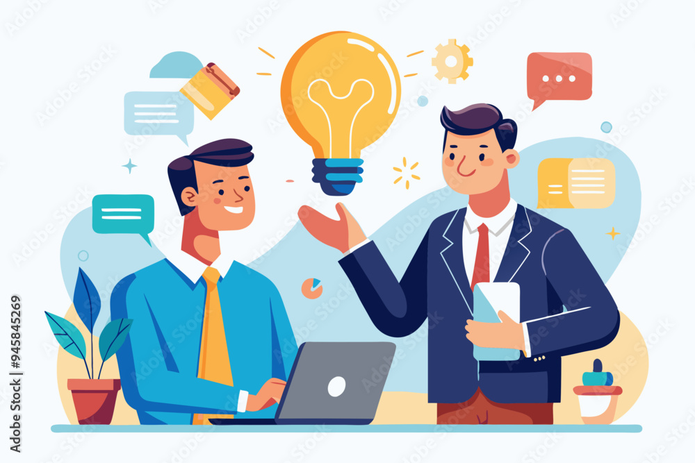 Communicate idea, advice or solution, good communication skill for business success, brainstorm or discuss in meeting concept, smart businessman talk to colleague on phone line with lightbulb symbol.
Communicate idea, advice or solution, good communication skill for business success, brainstorm or discuss in meeting concept, smart businessman talk to colleague on phone line with lightbulb symbol.