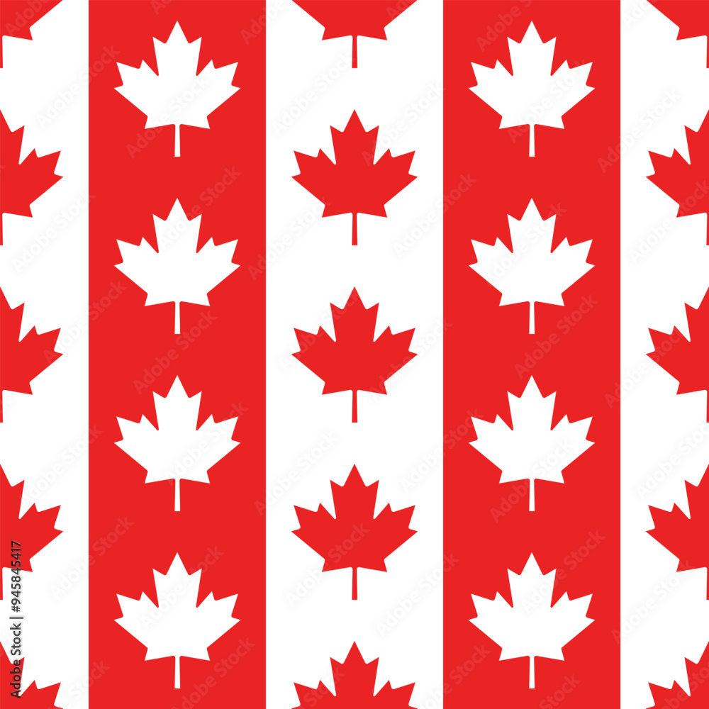 Canadian geometric vector seamless pattern. Red and white maple leaves on striped background. Best for textile, wallpapers, decoration, wrapping paper, package and web design.