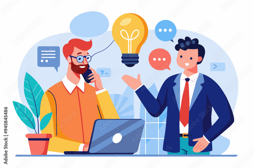 Communicate idea, advice or solution, good communication skill for business success, brainstorm or discuss in meeting concept, smart businessman talk to colleague on phone line with lightbulb symbol.
Communicate idea, advice or solution, good communication skill for business success, brainstorm or discuss in meeting concept, smart businessman talk to colleague on phone line with lightbulb symbol.