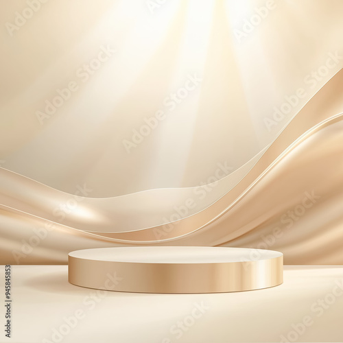 Empty golden round product display podium on a soft wavy background with light rays