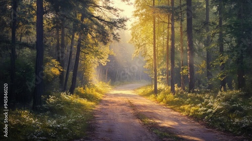 Forest road bathed in soft sunrise light, creating a peaceful and inviting scene.