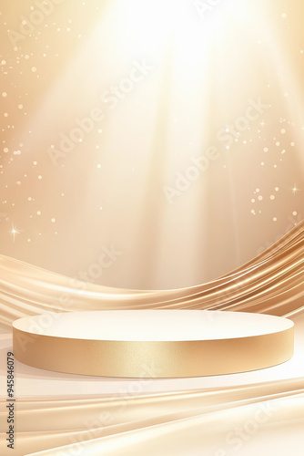 Empty golden round product display podium on a soft wavy background with light rays