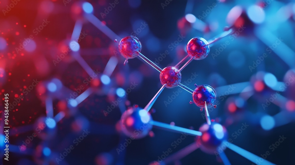 A 3D illustration of a molecular structure with spheres connected by thin rods, showcasing vibrant red and blue colors, symbolizing the interconnectedness of atoms, the beauty of science, and the pote A 3D illustration of a molecular structure with spheres connected by thin rods, showcasing vibrant red and blue colors, symbolizing the interconnectedness of atoms, the beauty of science, and the pote