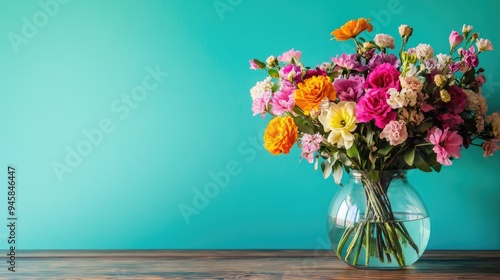 Wallpaper Mural Fresh flower bouquet in a glass vase on a wooden table, with a vivid turquoise wall providing a lively and inviting background. Torontodigital.ca