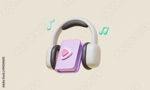 3D 책과 헤드폰 아이콘. Book and Headphone icon photo