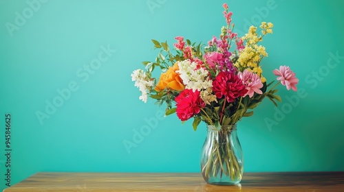 Wallpaper Mural Fresh flower bouquet in a glass vase on a wooden table, with a vivid turquoise wall providing a lively and inviting background. Torontodigital.ca