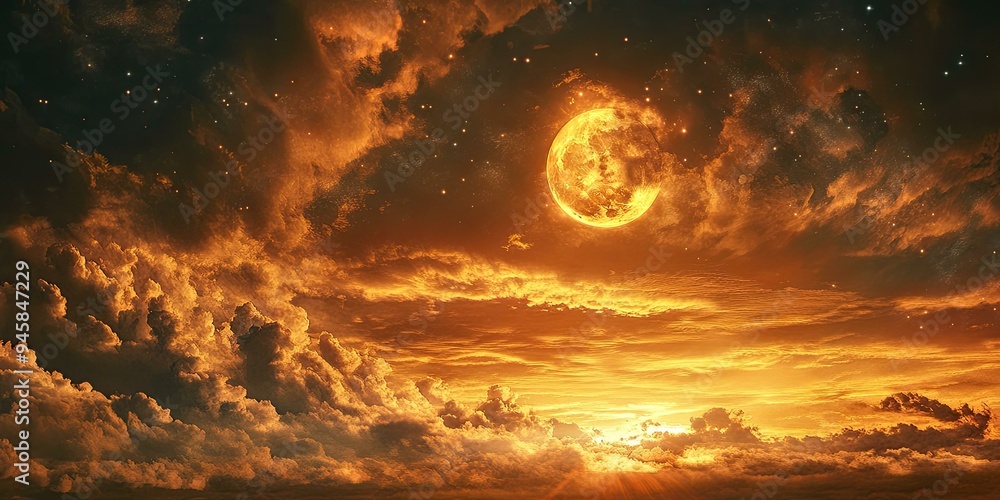 Naklejka premium Golden sunset with crescent moon and stars.