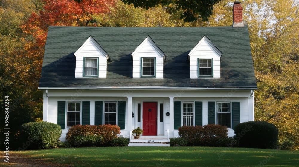 A charming white house with a red door, surrounded by colorful autumn foliage. A charming white house with a red door, surrounded by colorful autumn foliage.