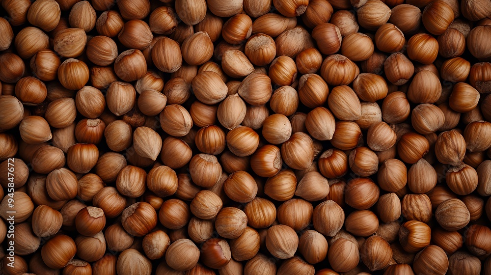 A close-up view of numerous hazelnuts arranged densely. A close-up view of numerous hazelnuts arranged densely.