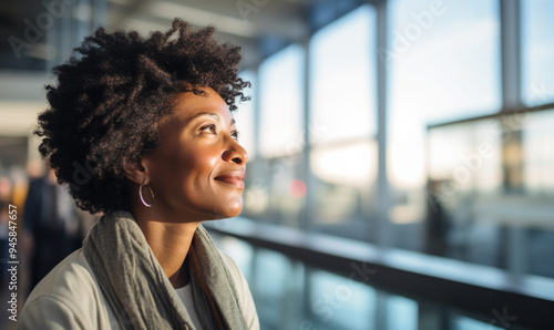 African American woman gazes out the airport window, awaiting her next journey. Anticipation of travel as she stands against backdrop of a bustling terminal. Moment of reflection before adventure. photo