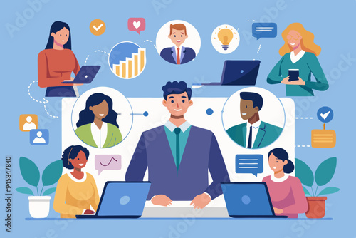 Vendor, third party or outsourcing, work with client or colleagues virtually, contractors or supplier, provider or partner concept, business people work virtually together collaborate for success. 
