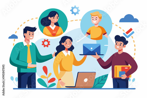 Vendor, third party or outsourcing, work with client or colleagues virtually, contractors or supplier, provider or partner concept, business people work virtually together collaborate for success. 
