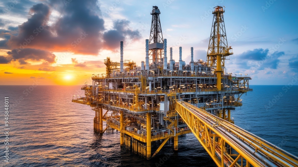 In a fiery sunset, an oil drilling platform is surrounded by a captivating silhouette, highlighting the human ability to extract natural resources throughout the world. In a fiery sunset, an oil drilling platform is surrounded by a captivating silhouette, highlighting the human ability to extract natural resources throughout the world.