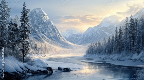 A peaceful winter scene with snow-covered mountains and a frozen river winding through the valley.