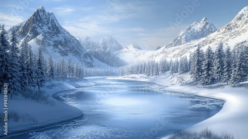 A peaceful winter scene with snow-covered mountains and a frozen river winding through the valley.