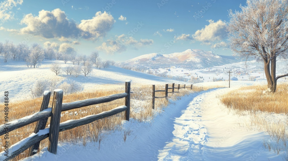 A serene winter landscape with snow-covered hills and a wooden fence leading the way through the countryside. A serene winter landscape with snow-covered hills and a wooden fence leading the way through the countryside.
