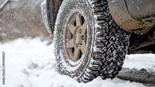 A close-up shot of a sturdy winter tire protector covering a wheel in snow. The tire tread is visible and the snow is falling around the tire. This photo symbolizes safety, preparedness, winter, off-r