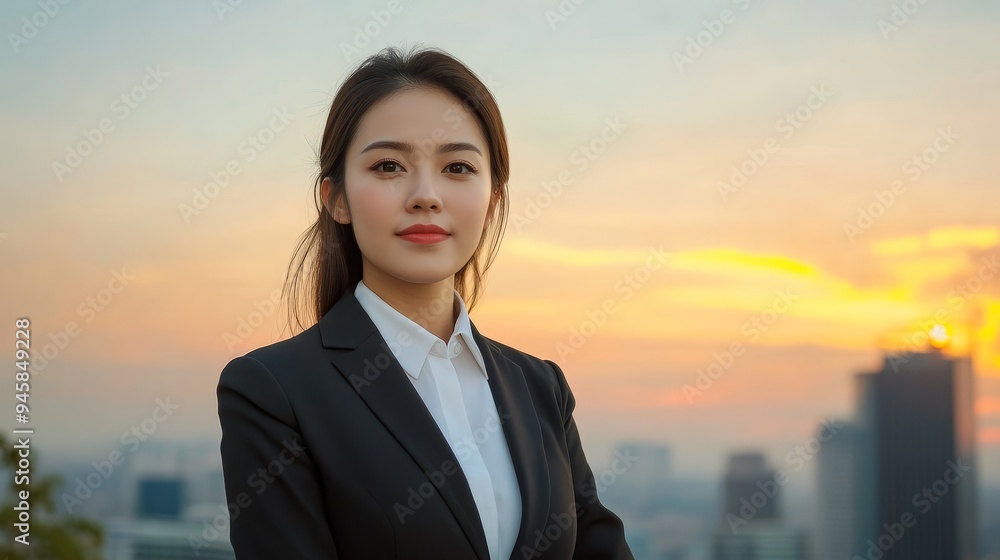 A confident businesswoman in a suit stands against a beautiful sunset skyline, symbolizing success, ambition, power, and a bright future. The warm colors of the sunset represent growth and opportunity A confident businesswoman in a suit stands against a beautiful sunset skyline, symbolizing success, ambition, power, and a bright future. The warm colors of the sunset represent growth and opportunity